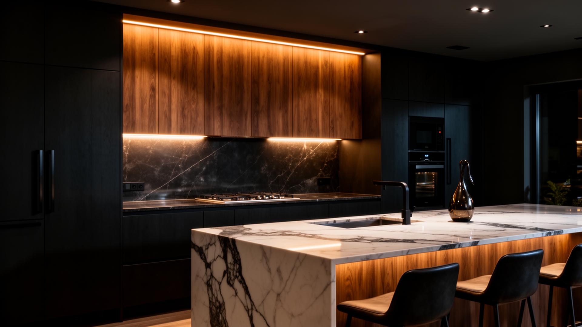 Custom kitchen with wood cabinets and a marble island