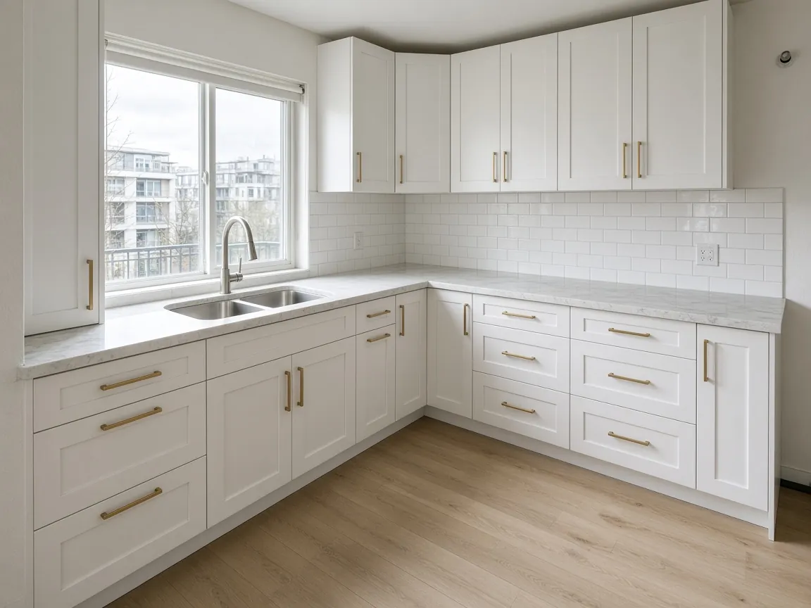 Refaced kitchen with white shaker cabinet doors, brass bar handles, a light marble look counter and a white subway tile backsplash