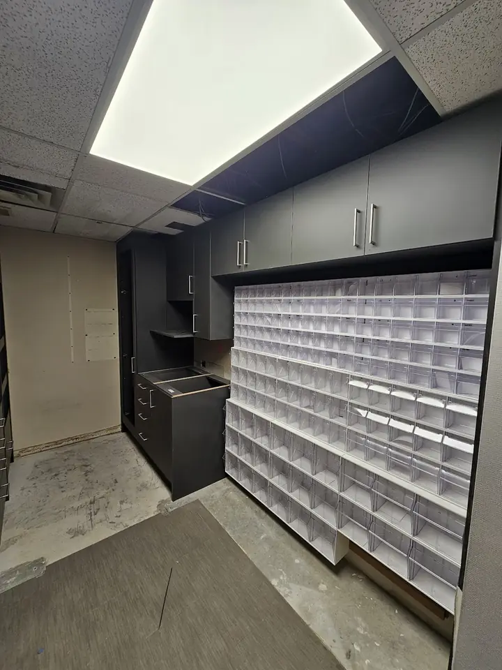 Custom storage cabinetry built for a dental office in Richmond
