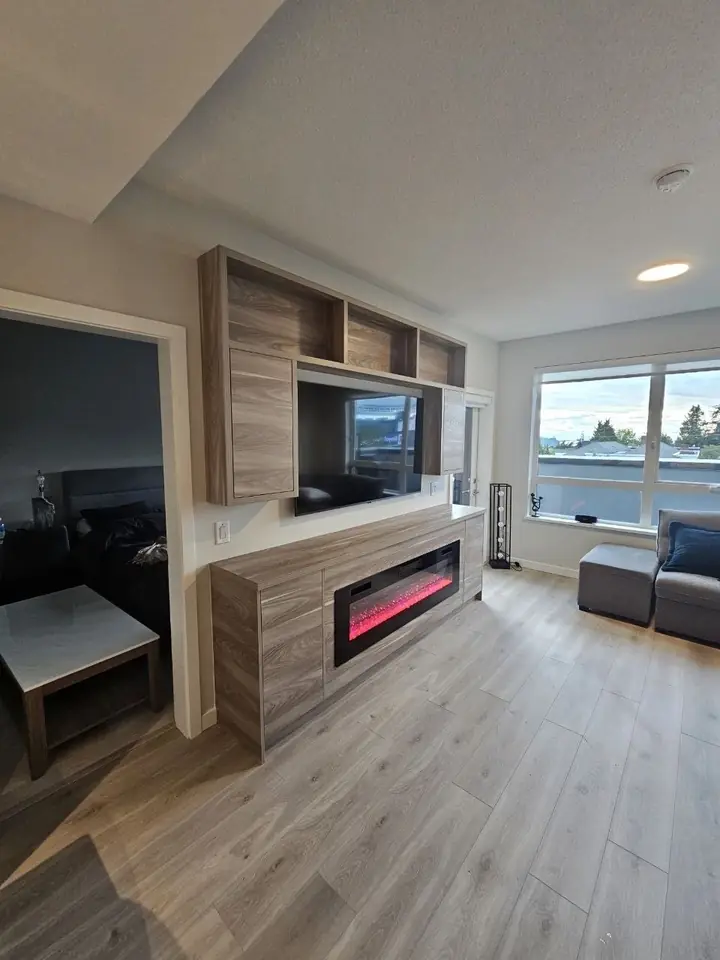 Living room with the finished custom TV wall