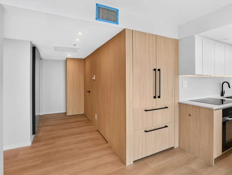 Tall wood cabinetry with black pulls along the hallway beside the new Yaletown kitchen